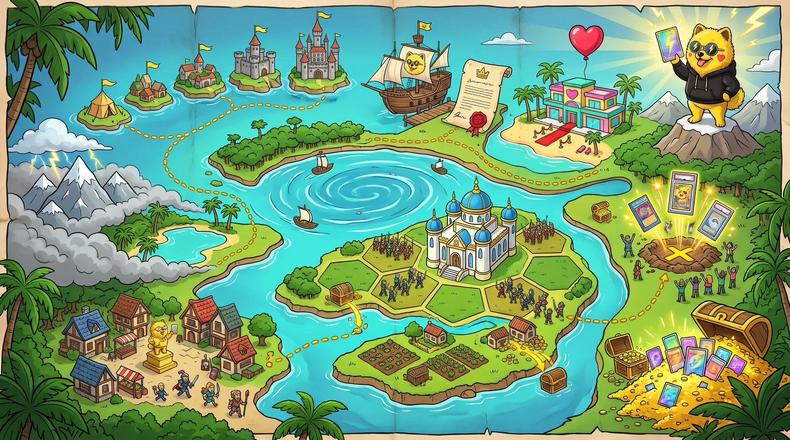 A cartoon map of ZAZA's world: a starting town, lands coming out of the smoke, castles growing island to island, a galleon and a land deed, a beach villa with a heart, a palace on a hex island, a dig full of trading cards, farms paying into chests, a vault of rare cards and ZAZA on the summit holding up a glowing card