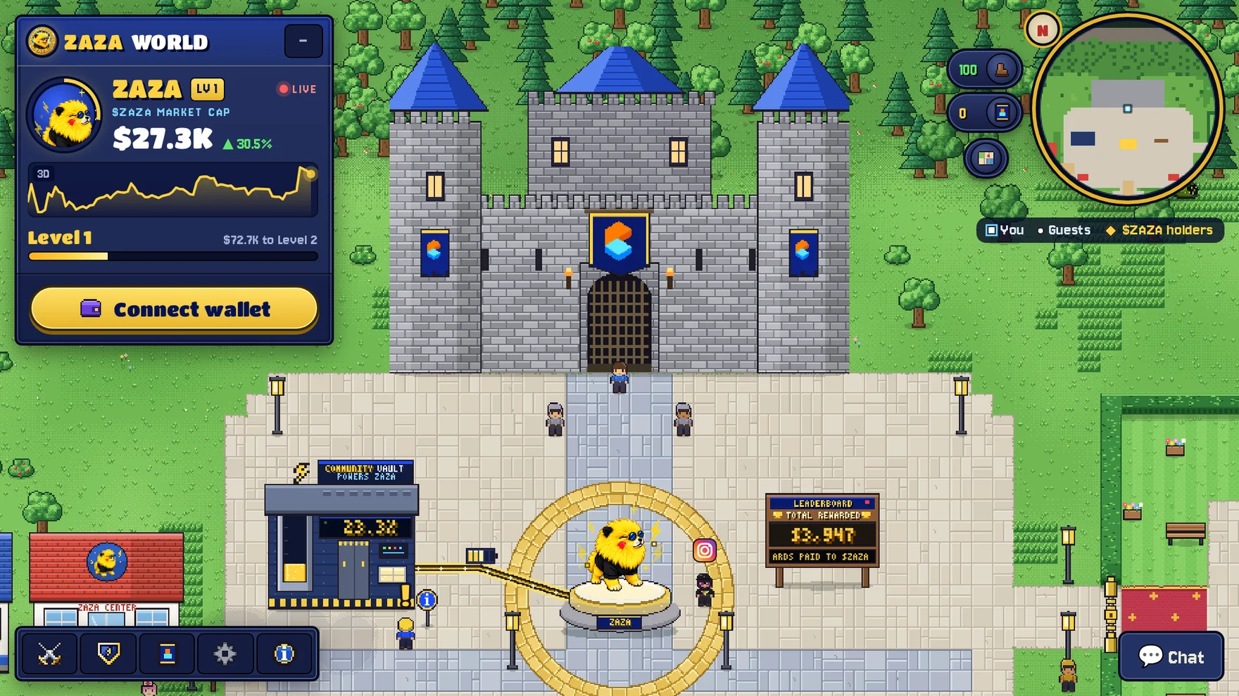 ZAZA Town in ZAZA World: the CARDS Citadel, the ZAZA statue, the Community Vault building and the live rewards leaderboard